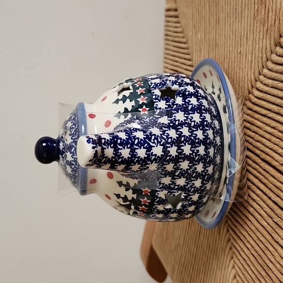 Wiza Blue White Ceramic Teapot w/ Saucer Handmade Made In Poland Cabin Christmas - Picture 4 of 5